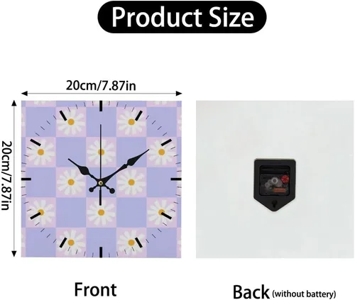 Vista 2 de Retro Checkered Purple Flower Battery Operated Clock Wall Clocks Battery Operated Wall Clock Decor Set Clocks Reloj De Pared for Kitchen Bathroom