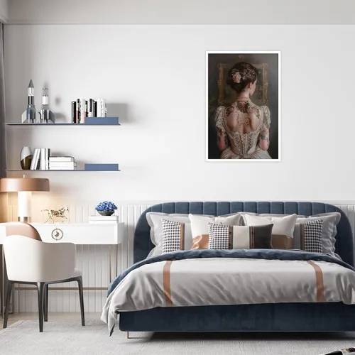 Vista 6 de Pintura retro de chica con estilo vintage en lienzo con estampado de rosas, póster estético antiguo, chica victoriana de estilo moody, arte de pared