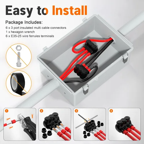 Vista 5 de Joinfworld Conector multigrifo aislado de 3 puertos 1/0-14AWG de aluminio a cobre, conectores de aluminio de entrada de un solo lado con hexagonal