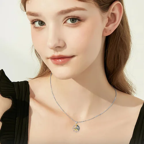 Vista 9 de PROESS Collar de plata de ley con colgante de montaña y sol de semilla de mostaza/masónico/brújula para mujeres y hombres, collar con colgante