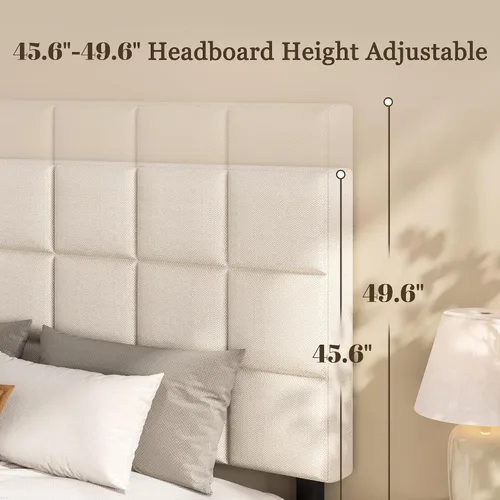 Vista 2 de Fluest Base de cama de plataforma Queen con cabecera alta tapizada de lino, no necesita somier, esponja EVA antirruido, fácil montaje, envío en una