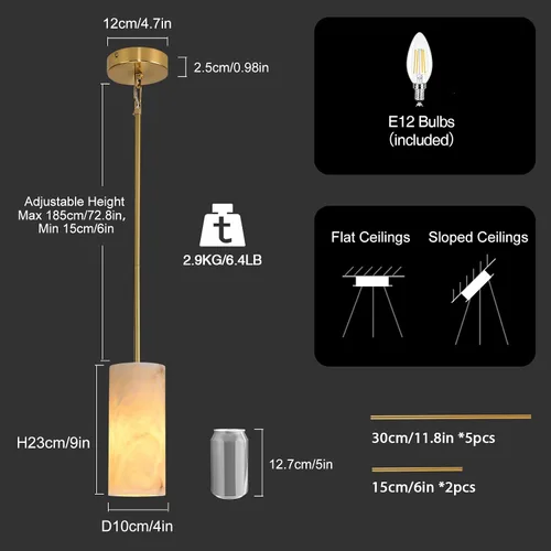 Vista 2 de Juego de 2 luces colgantes de alabastro para isla de cocina, juego de 2 luces colgantes de mármol de latón, ajustables, doradas, modernas