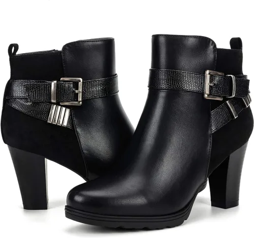 Vista 9 de mysoft - Botines de mujer con cremallera, tacón grueso apilado, botas de tobillo con hebilla y correa en el tobillo Marrón (Brown Buckle)