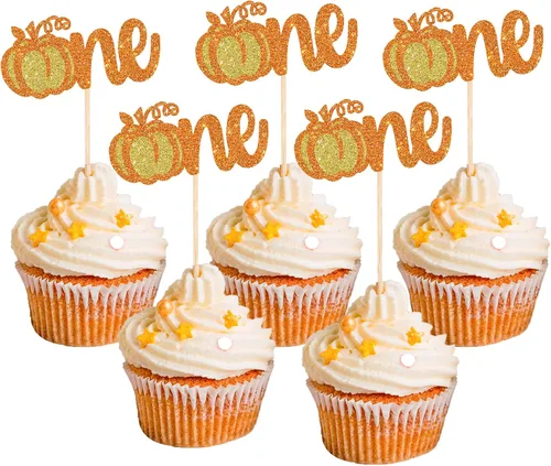 Vista 8 de Rsstarxi Paquete de 24 decoraciones de calabaza con purpurina para cupcakes de primer cumpleaños, decoración de pastel de calabaza para el primer