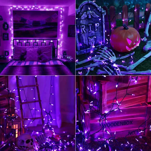 Vista 6 de BrizLabs - Luces de Halloween moradas, 100 luces LED de 33 pies, cadena de luces con 8 modos y temporizador, luz de árbol morada