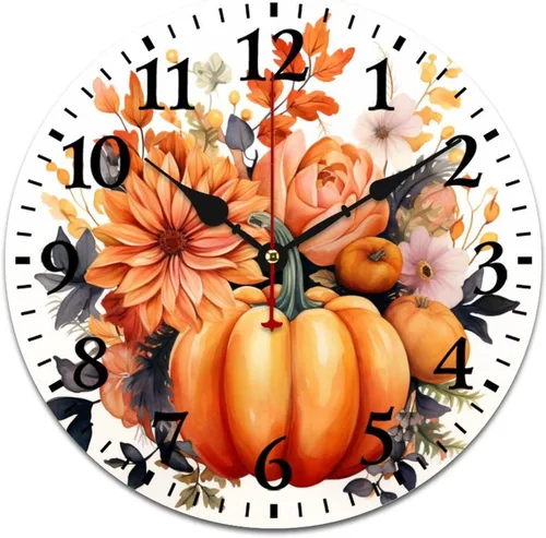 Vista 16 de Reloj de pared de madera Country Autumn Harvest Acuarela Calabaza Flores Redondo Reloj Decorativo de Calidad Cuarzo Sin Ticking Otoño Acción