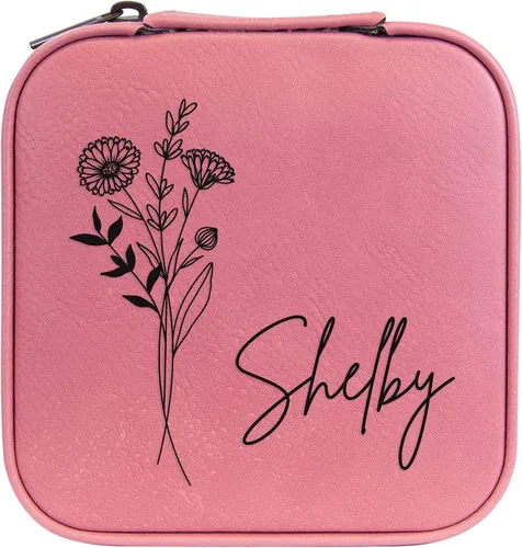 Vista 50 de Joyero de flores de nacimiento personalizado Estuche de viaje (cuero crudo, abril - guisante dulce)