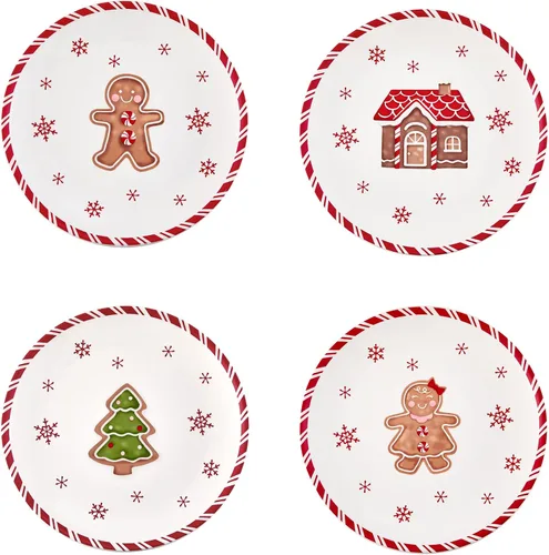 Vista 10 de Bico Juego de 4 platos de ensalada de gnomos de Navidad, platos de postre de cerámica de 8.75 pulgadas para ensalada, aperitivo, guarniciones