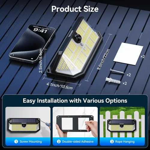 Vista 7 de TECKNET 495 luces LED solares para exteriores, impermeables, IP66, gran angular de 300° y 3 modos de iluminación, sensor de movimiento, luces