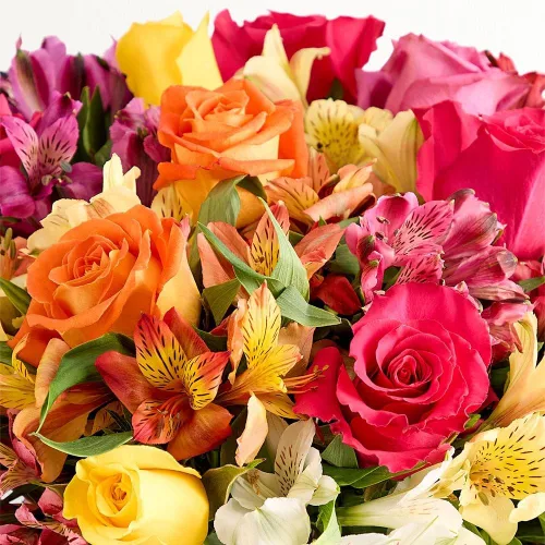 Vista 2 de 1800 flores – Ramo doble surtido de rosas brillantes y lirios peruanos (florero transparente incluido) – Flores frescas para entrega – Regalo