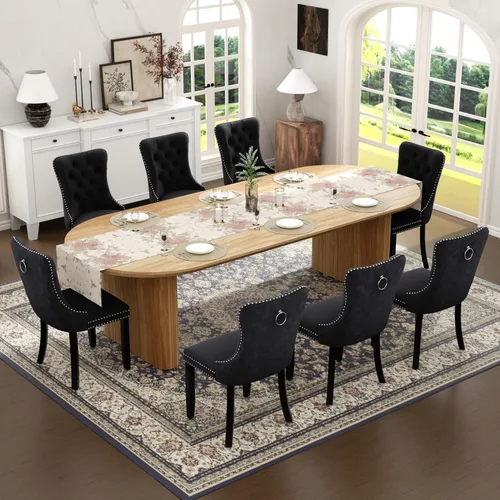 Vista 16 de Juego de mesa de comedor ovalada extensible con 4 sillas tapizadas de terciopelo de alta gama, mesa de cocina de 59 a 91 pulgadas y sillas