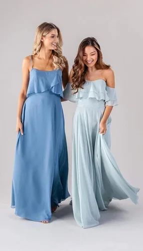 Vista 3 de Gralre Vestidos de dama de honor con hombros descubiertos para mujer, vestidos largos formales con bolsillos, vestido de fiesta de gasa