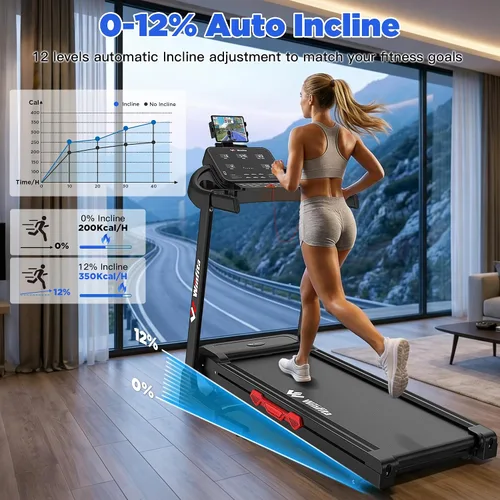 Vista 2 de 3.5HP Folding Treadmill Auto Incline, 300lbs, 8MPH, 17" Belt,64 Programs