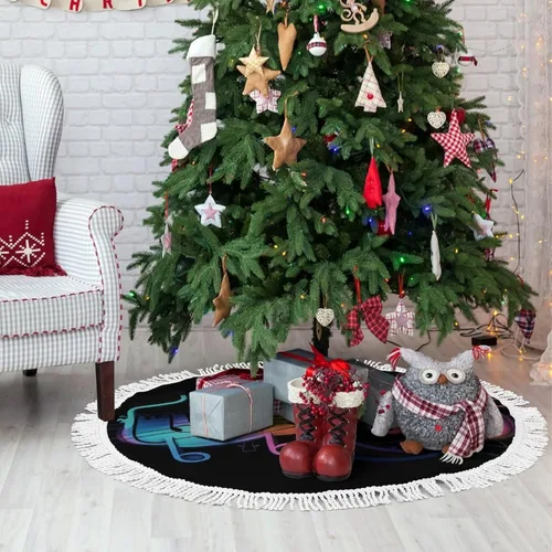 Vista 8 de Rainbow Musical Note Melody Christmas Tree Skirt Double Sided Waterproof Winter Xmas Tree Mat Decor Retro Xmas Tree Skirt with Tassels for New Year