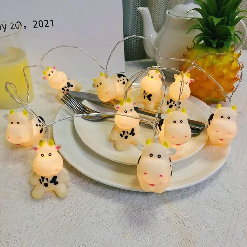 Vista 5 de Linda luz nocturna de vaca, de granja, con leche, vaca, funciona con pilas, 3M, 20 LED, decoración de hadas para niños, niñas, dormitorio