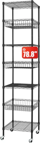 Vista 9 de Finnhomy Estantería de alambre resistente de 6 niveles con ruedas de 18 x 18 x 72 pulgadas, 6 estantes, estante de almacenamiento de metal, tubo