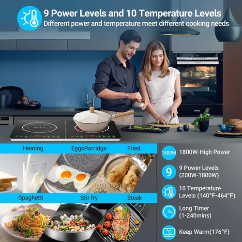 Vista 2 de Aobosi - Cocina de doble inducción, cocina de inducción portátil con control independiente de 2 quemadores, cuerpo ultrafino, 10 temperaturas, 1800