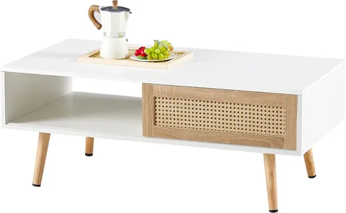 Vista 4 de AMNOOL Mesa auxiliar rectangular de ratán de 41.34 pulgadas, mesa central de madera para sofá, puerta corrediza, patas de madera maciza, se puede