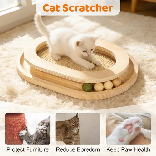 Vista 6 de Rascador para gatos, almohadilla rascador de sisal natural y juguete interactivo para gatitos con pista de bolas y bola de hierba gatera