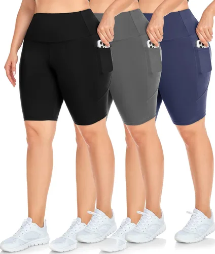 Vista 13 de NEW YOUNG Paquete de 3 pantalones cortos de ciclismo de talla grande con bolsillos para mujer, pantalones cortos de entrenamiento de cintura alta