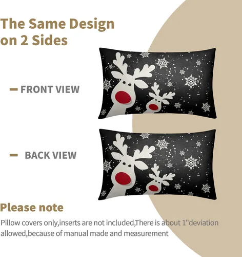 Vista 4 de Juego de 2 fundas de almohada lumbar de Navidad negras de 12 x 20 pulgadas, diseño rústico de copos de nieve de ciervos de Navidad, almohadas
