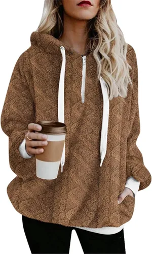 Vista 4 de Sudaderas con capucha para mujer con cremallera de gran tamaño, de forro polar, con estampado de moda, sin botones, con bolsillo, Rosado