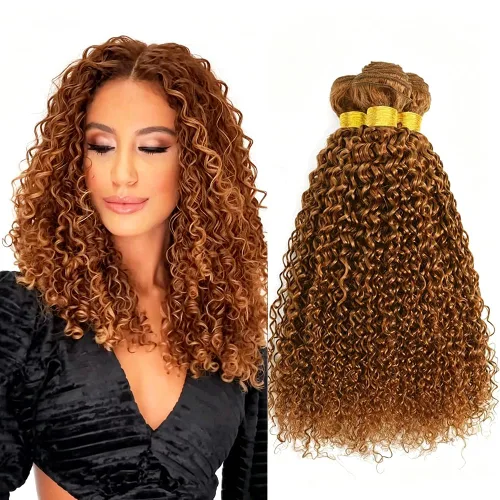 Vista 85 de P4613 Cabello humano rizado onda profunda marrón y paquetes mixtos 8 10 12 P4613 Ombre Marrón-Rubio-DP