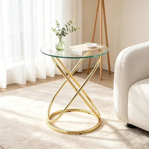 Vista 3 de BECHAEO Mesa auxiliar redonda de vidrio dorado de 19.7 pulgadas con marco de metal chapado en oro en forma de anillo para sala de estar, mesa