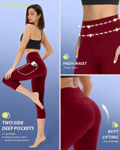Vista 3 de Paquete de 4 leggings capri para mujer, pantalones capri de cintura alta, control de abdomen, pantalones de yoga con bolsillos, mallas de ciclismo