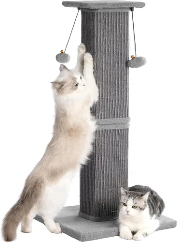 Vista 8 de Poste rascador grande para gatos con base resistente, poste rascador cuadrado resistente de sisal de 33 pulgadas y 2 bolas interactivas para colgar