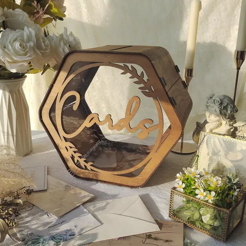 Vista 7 de Caja de tarjetas de boda OurWarm para fiesta, cajas de tarjetas de boda hexagonales marrones para recepción, caja de boda de madera para tarjetas