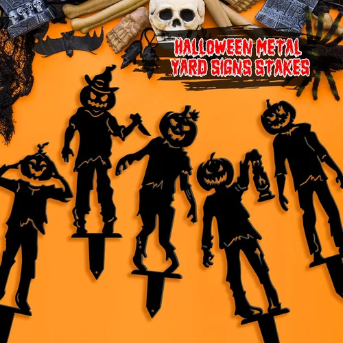 Vista 6 de 5 carteles de metal de Halloween para patio, decoraciones al aire libre, arte de metal negro, estacas de patio, esqueleto reutilizable, letrero