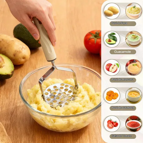 Vista 5 de Triturador de patatas de acero inoxidable, 2 piezas de puré de papas resistente, herramienta de cocina y trituradora de alimentos para papas