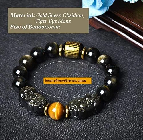Vista 2 de LOTONTJ Feng Shui - Pulsera doble PixiuPi Yao para riqueza, prosperidad, obsidiana dorada, ojo de tigre, corazón, sutra, cristal, sanación, amuleto