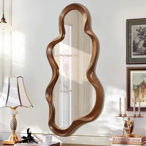 Vista 18 de Espejo asimétrico para decoración de pared, grande, moderno, ondulado, con marco de madera, espejo de pared con forma única montado en pared Negro