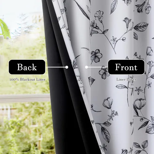 Vista 4 de ChrisDowa Cortinas florales 100% opacas de 63 pulgadas de largo, 2 paneles para dormitorio, sala de estar, estampado de flores negras