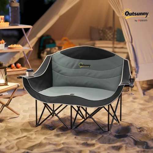 Vista 2 de Outsunny Double Camping Chair for Adults, Padded Folding Camp Chair for 2 Person with Armrest, Wine Glass Holder, Cup Holder, Carry Bag for Outdoor