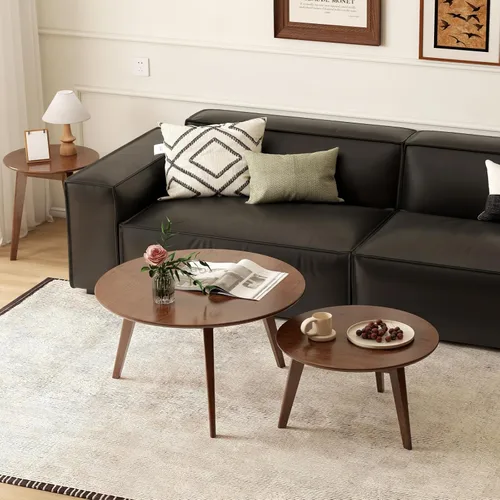 Vista 17 de Juego de mesa de café 100% de madera de roble macizo, mesa de café redonda combinada mesa auxiliar con patas de madera maciza, mesa de mediados
