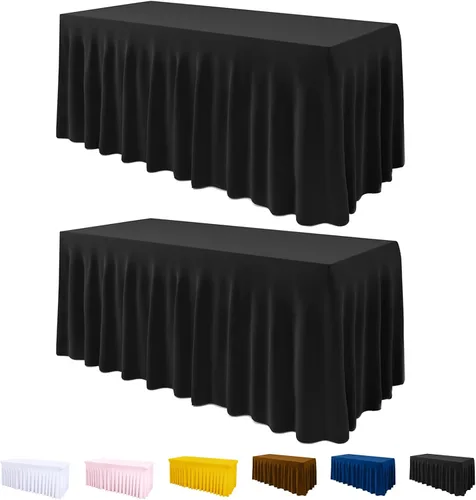 Vista 15 de Mantel de una pieza y falda para mesas rectangulares, mantel ajustable de elastano de 6 pies con falda de volantes para bodas, banquetes, baby Negro