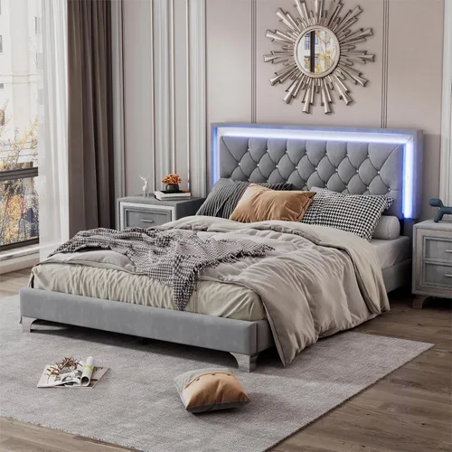 Vista 8 de Cama de plataforma tapizada moderna de tamaño Queen con luces LED, marco de cama de terciopelo rosa con cabecera capitonada de cristal, cama