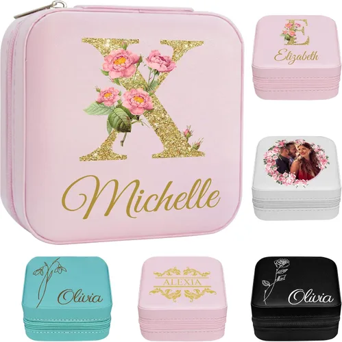 Vista 29 de Joyero personalizado para regalos de dama de honor, flor de nacimiento, inicial, joyería de viaje personalizada para mujeres, organizador de joyas