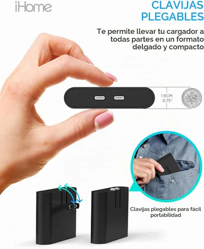 Vista 5 de iHome Cargador USB-C multipuerto de 40 W, bloque plano de 2 puertos AC Pro, adaptador de pared de carga rápida dual