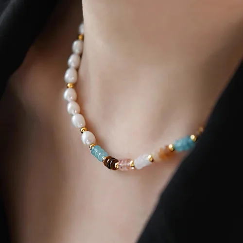 Vista 4 de Freshwater Pearl Strand Necklace Tiger Eye Natural Gemstone Handmade Chain 18K Gold Jewelry Birthday Gift for Women 19inch Valentine Gift for Her