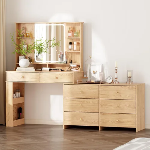 Vista 15 de Ieejdn Escritorio de tocador de maquillaje con espejo y luces, escritorio de tocador con 8 cajones y estantes de almacenamiento, mesa de tocador