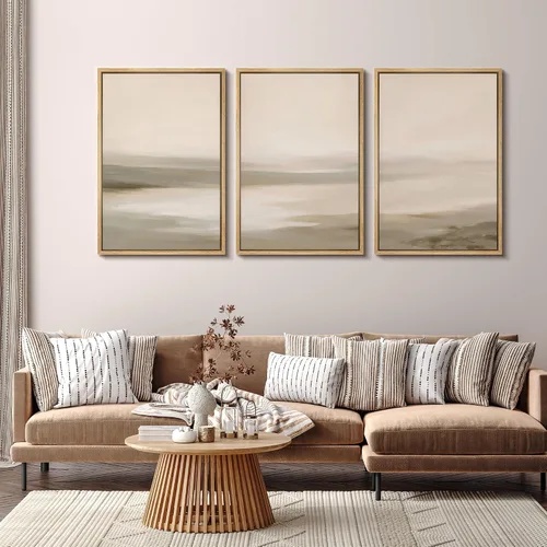 Vista 157 de SIGNFORD - Set de obras de arte en lienzo enmarcado para pared, ilustraciones abstractas de neblina del desierto en tonos neutros beige y marrón
