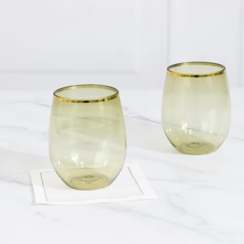Vista 9 de Efavormart - Paquete de 12 copas de vino de plástico transparente ámbar dorado de 12 onzas con borde dorado, vasos reutilizables para bodas