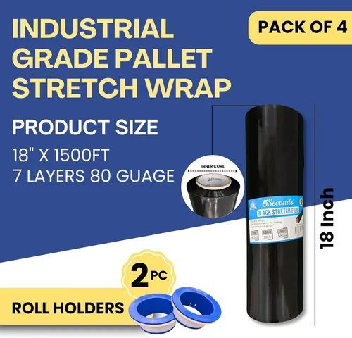Vista 2 de Envoltura elástica para palés industrial, 4 rollos de envoltura retráctil negra de 18 pulgadas x 1500 pies, grosor de calibre 80, película elástica