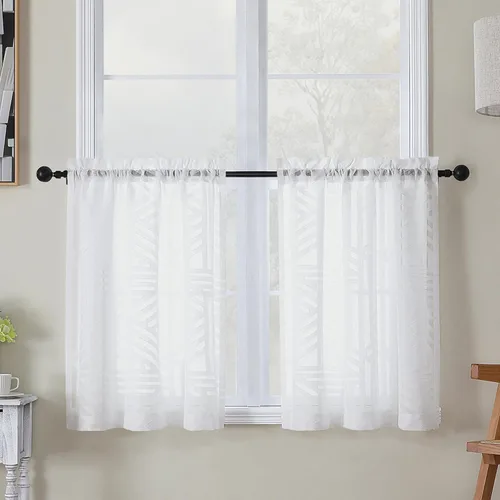 Vista 44 de Simplebrand Cortinas traslúcidas negras de cocina de 24 pulgadas de largo, 2 paneles, filtrado de luz, geométrico jacquard con textura, cortinas