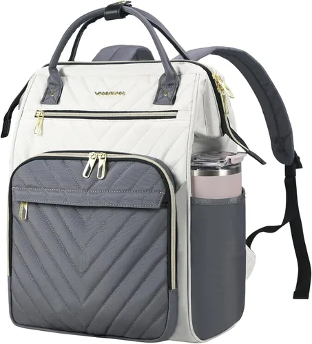 Vista 16 de VANKEAN Mochila para portátil de 17 pulgadas para mujeres y hombres, bolsa de trabajo de computadora de moda, Beige-café, 15,6 pulg., 7702