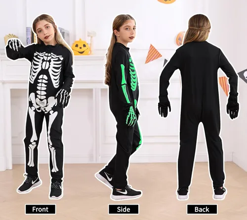 Vista 3 de UNICOMIDEA Kids Skeleton Costume Glow in The Dark Halloween Jumpsuit Boys Girls Bodysuit with Skull Gloves Mask for 5-14T